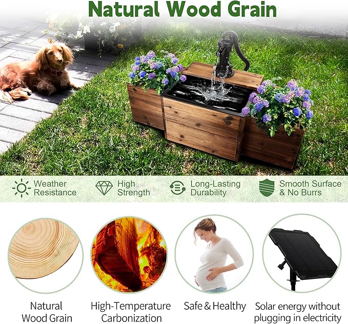 OIPRTGFJ Outdoor Water Fountain,Floor Wooden Pump Old-Fashioned Fountain with Flower Box,Solar Decorative Hand Pump, Outdoor Water Feature for Garden Patio Backyard (Solar Rectangular Pump)