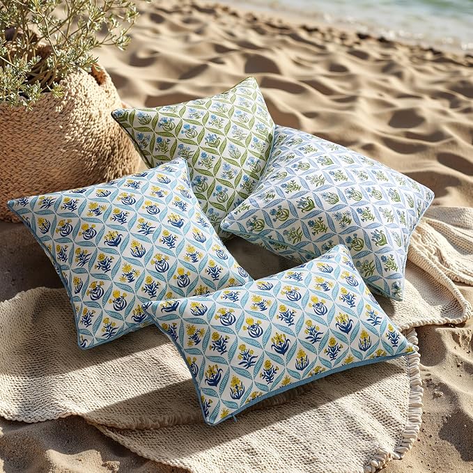 ANRODUO Floral Outdoor Waterproof Pillow Covers Set of 2 Yellow 20x20 Inch | Square Block Print Decorative Cushion Cases With Refined Edge Piping for Summer Patio Porch Garden Couch Sofa Bench Decor