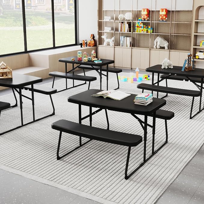 DWVO 37" Picnic Table, Folding Picnic Tables for Outdoors with Weather Resistant Resin Tabletop & Stable Steel Frame for Yard Patio Lawn Party, Black
