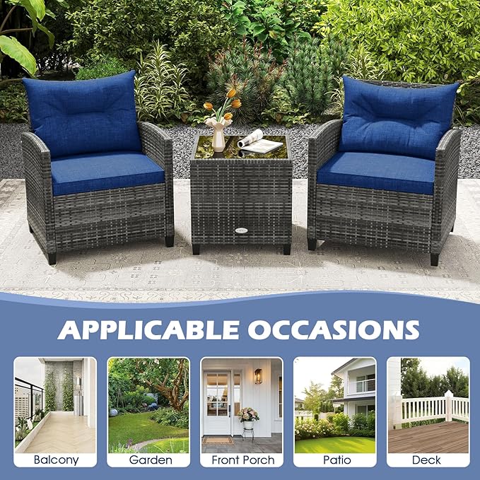 ORALNER 3 Pieces Patio Furniture Set, Outdoor Wicker Conversation Set, Rattan Chairs with Soft Cushions, Glass Coffee Table, Patio Bistro Set for Balcony Garden Deck Front Porch Poolside (Navy Blue)