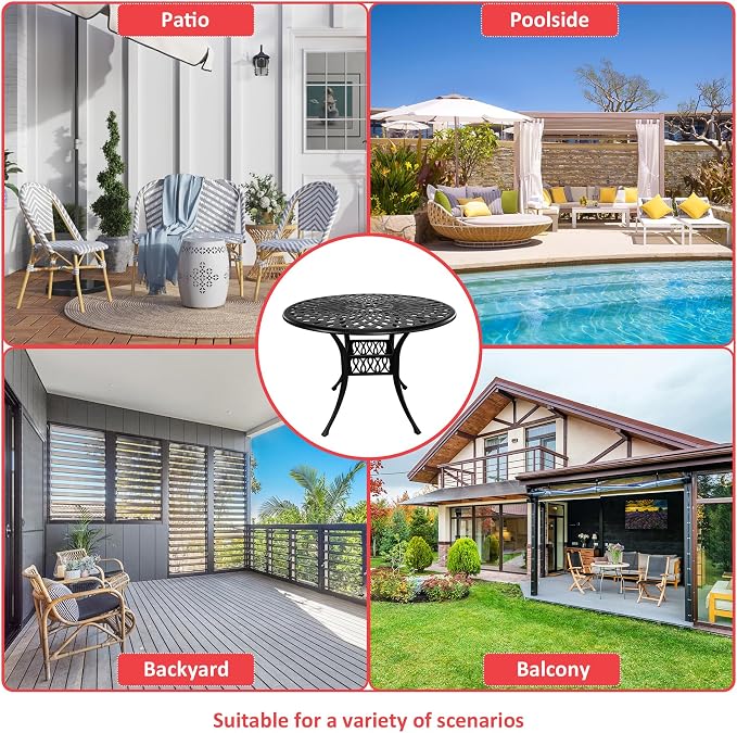 42" Cast Aluminum Outdoor Dining Table,Dining Conversation Side Table, Patio Bistro Table with 1.97" Umbrella Hole for Backyard, Garden, Patio, Porch