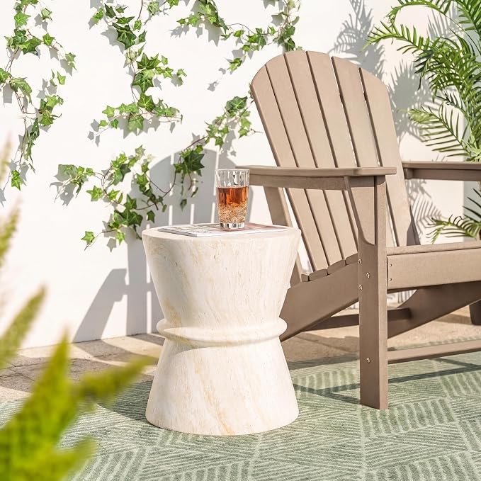 Outdoor Concrete Side Table, Contemporary Hourglass Accent Table with Faux Stone Coffee Tables for Indoor Outdoor, Garden End Table for Porch, Backyard Patio Living Room - 15.55" Beige Yellow MgO