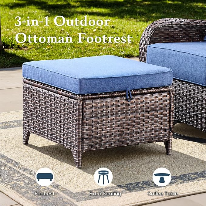 Belord Luxury 6" Thick Cushioned 11 Pieces Patio Furniture Set with Fire Pit Table, Wicker Outdoor Conversation Set with High Back Swivel Rocker Chairs for Deck Porch Yard and Poolside - Brown+Blue