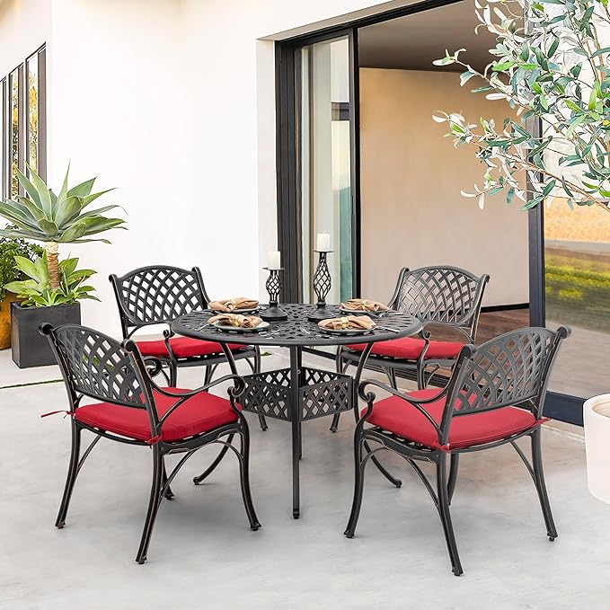 NUU GARDEN 5 Piece Outdoor Patio Dining Set, Cast Aluminum Round Dining Table with Red Cushions, Umbrella Hole and Patio Dining Chairs for Garden, Backyard, Balcony, Black with Bronze Edge