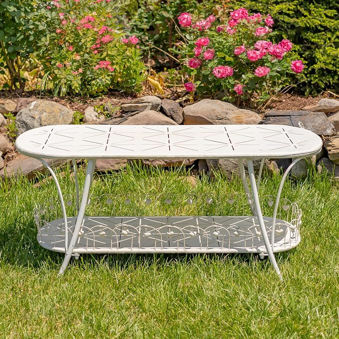 Zaer Ltd. Vintage Style Metal Patio Furniture with Heart Design Accents, Outdoor/Indoor Decor (Distressed White, Coffee Table)