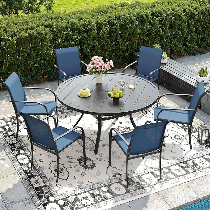 DIFY Outdoor Dining Set for 6, Patio Dining Furniture Set Includes 47.2" Black Round Table with Adjustable Umbrella Hole and 6 Blue Stackable Metal Chairs for Poolside, Garden, Backyard