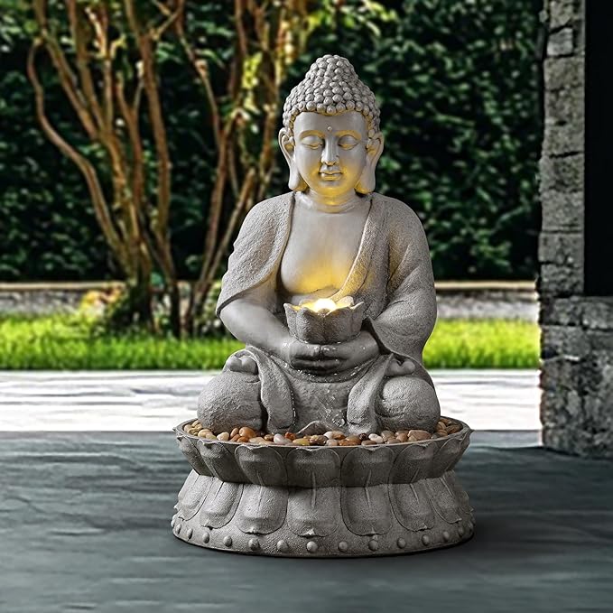 Buddha Water Fountain Outdoor, Zen Fountain with LED Light for Garden, Home Decor, Relaxing Buddha Statue with Lotus Base, for Women