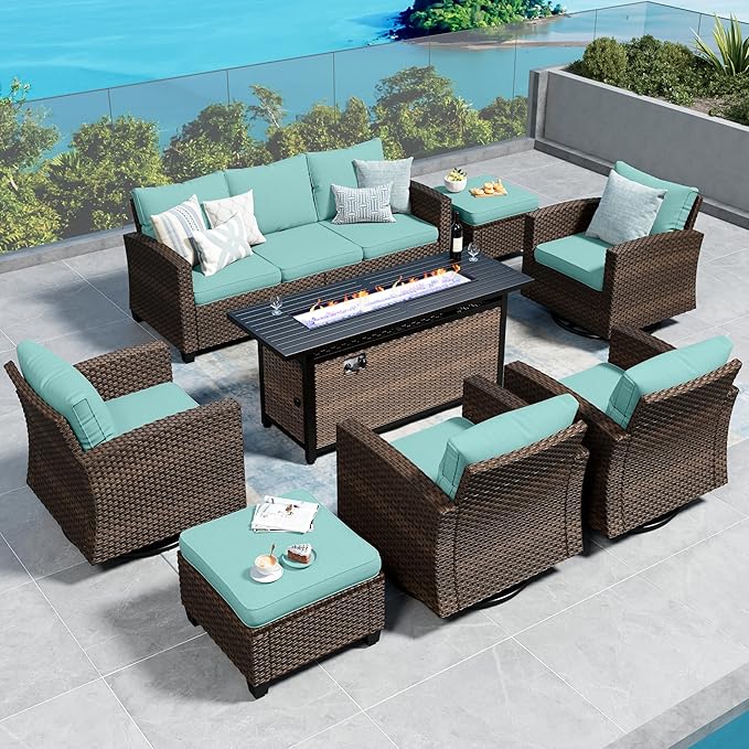 Swivel Glider Patio Furniture Set Outdoor Furniture Brown Wicker Rattan Patio Conversation Sets with Cushion Outside Sofa Set,7 Pieces with Rectangular Firepit Table,9 Seats,Blue