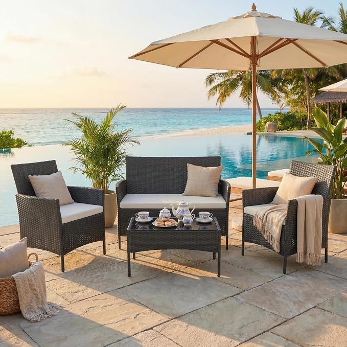 4 Piece Patio Furniture Set, Outdoor Deck Rattan Chair Wicker Combo Furniture, All Weather Dialogue Rattan Sofa with Upholstery and Glass Table for Garden, Backyard, Porch, Lawn, Pool, Black+White
