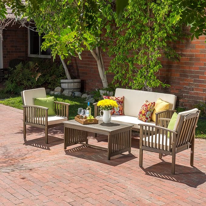 Merax Patio Furniture Set 4 Pieces Outdoor Acacia Wood Conversation Sets with Coffee Table & Cushions, Garden Conversation Bistro Sets for Pool or Backyard, Outdoor Furniture,Gray Cream
