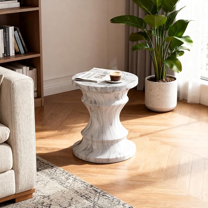 Outdoor Side Table Round Concrete Side Table Faux Stone End Tables Cement Accent Tables Patio Garden Stool Plant Stand for Porch, Backyard Balcony,15.35",Grey