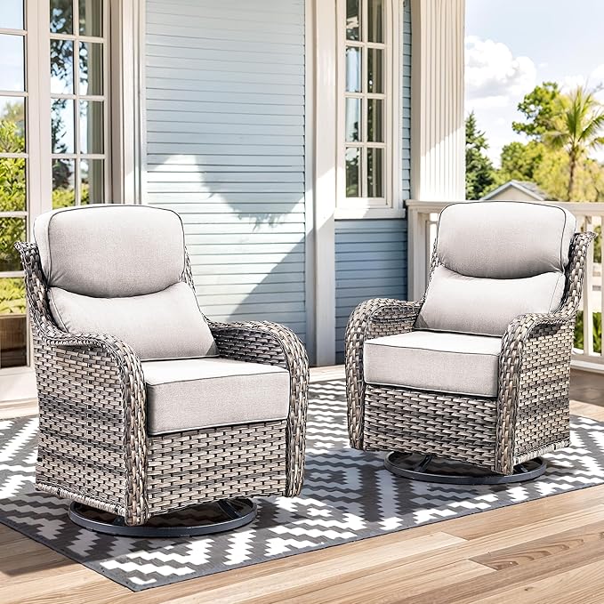 Luxury High Back Outdoor Swivel Rocker Patio Chairs with Side Table & 6-Inch Thick Cushions, 2 Pieces Patio Furniture Set for Porch, Balcony, Deck and Yard