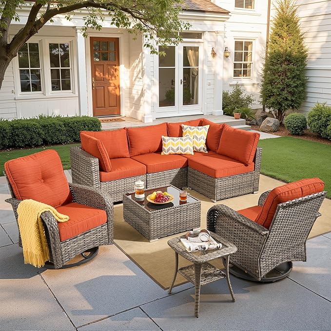Wicker Patio Furniture Set, 8 Pieces Outdoor Sectional Sets with 6 Seats, Rattan Conversation Set with Swivel Chairs for Garden and Backyard, l Shape Couch Set