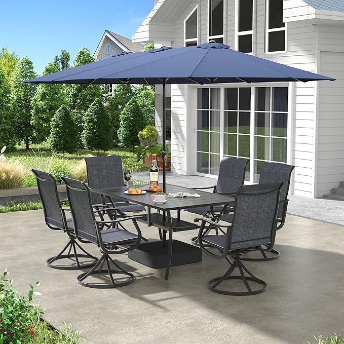VICLLAX 8 Pieces Patio Dining Set with Patio Umbrella, 6 Patio Swivel Chairs and Metal Patio Table with 15ft Blue Outdoor Umbrella for Backyard, Dark Charcoal Chairs & Black Tabletop