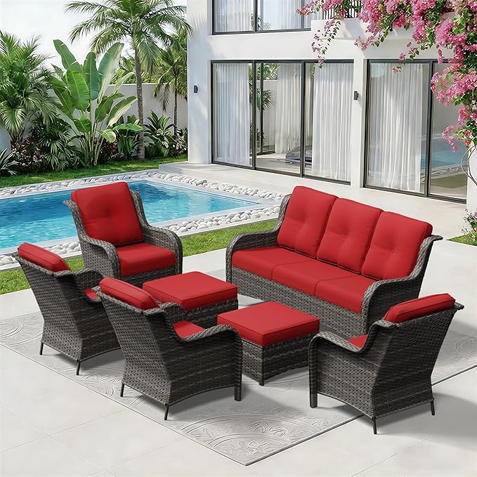 7 Piece Outdoor Wicker Patio Furniture Set, Patio Chairs Set with Thickened Olefin Cushions, High Back and Deep Seating, Hand-Woven PE Rattan, Ottoman for Porch, Deck