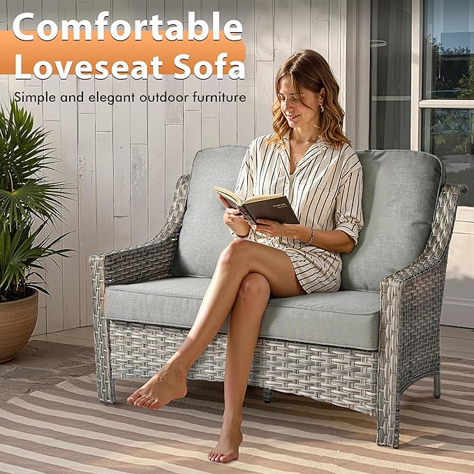 6 PCS Outdoor Patio Furniture Sets,Patio Conversation Sets Outside Rattan Soft Cushion Sofa with 2 Wicker Rocking Chairs & 54 in Fire Pit Table Fit Backyard Porch Garden Poolside Balcony,Light Grey