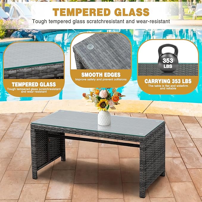 SUNLEI 4-Piece Outdoor Patio Furniture Set, Rattan Chair Wicker Conversation Set, Backyard Porch Garden Poolside Gray Rattan Sofa Set r with Cushion for Outdoor Indoor Use (Sky Blue)