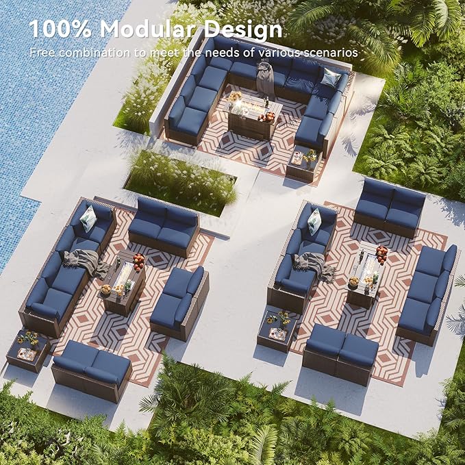 LazySunsets 12 Piece Outdoor Patio Furniture Set with 44'' Fire Pit Table, Outdoor Patio Furniture Sets with Waterproof Cover and 4'' Cushion, Wicker Rattan Outdoor Conversation Set for Backyard, Blue