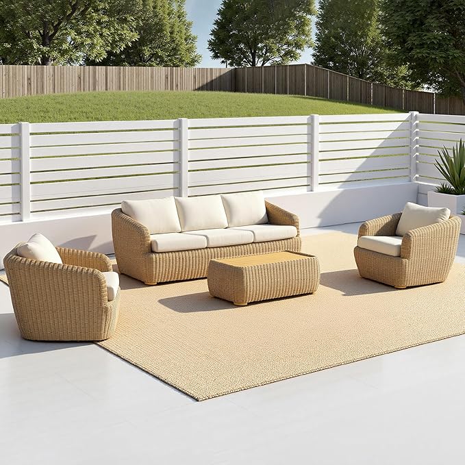 CHITA Wicker Patio Coffee Table, 41” All-Weather Rattan Outdoor Coffee Table with Wood-Grain Metal Top, Waterproof for Porch Backyard, Fully Assembled, Light Brown