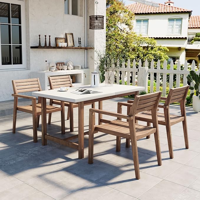 5 Pieces Outdoor Acacia Wood Dining Table Set for 4 with 59" Rectangular Table with Umbrella Hole and 4 Chairs, Modern Patio Dinner Set for Backyard, Garden, Poolside or Indoor, White Natural