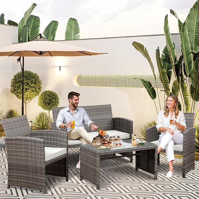 SUNLEI 4 Piece Outdoor Patio Furniture Set, Rattan Chair Wicker Conversation Set, Backyard Porch Garden Poolside Gray Rattan Sofa Chair with Cushion for Outdoor Indoor Use (White)