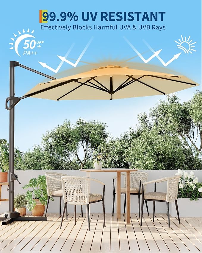 GarveeLife 10FT Patio Umbrella Outdoor Large Cantilever Umbrella Market Sun Shade Windproof Offset Umbrella with 360-Degree Rotation for Garden Deck Pool Patio