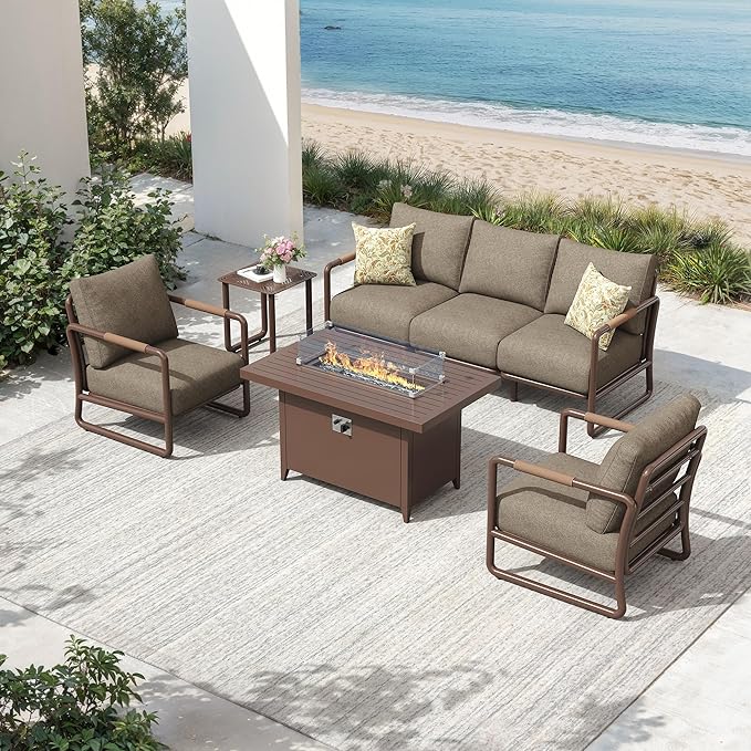 Outdoor Aluminum Patio Furniture Set, 5-Seats Patio Conversation Sofa Set with Oversized Fire Pit Table w/Glass Wind Guard, All Weather for Balcony, Garden-Brown
