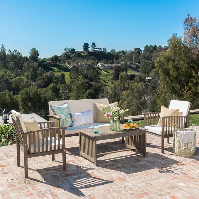 Merax Patio Furniture Set 4 Pieces Outdoor Acacia Wood Conversation Sets with Coffee Table & Cushions, Garden Conversation Bistro Sets for Pool or Backyard, Outdoor Furniture,Gray Cream