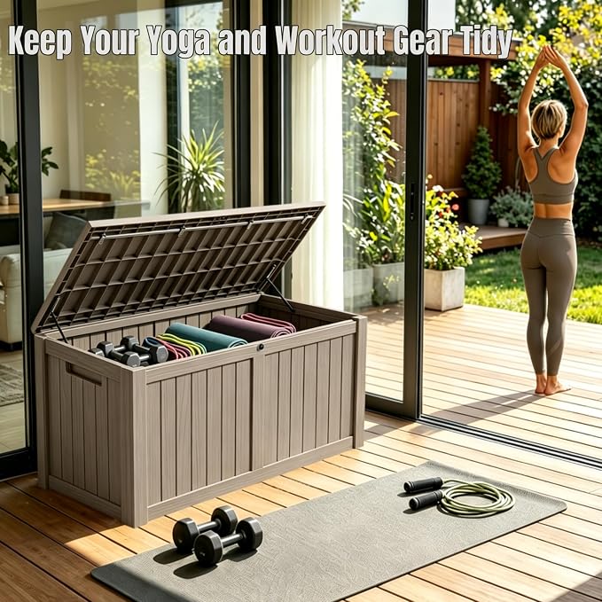 178 Gallon Large Resin Outdoor Storage Box, Waterproof Deck Box, Lockable Deck Container with Reinforced Support, Outdoor Chest for Patio Accessories, Outdoor Cushions, Garden Tools, Taupe Gray