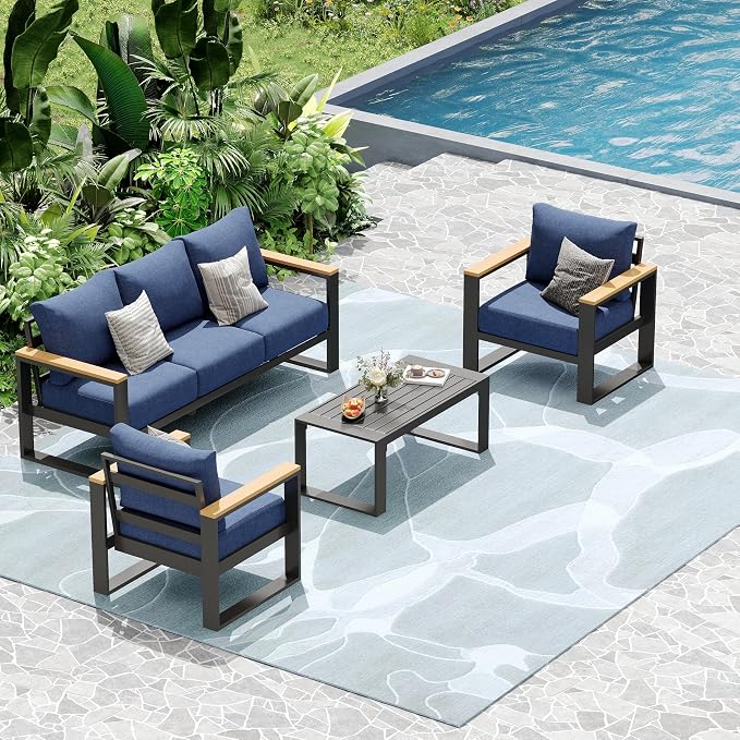 Aluminum Patio Furniture Set, 4 Piece Metal Outdoor Furniture Set with 6″ Thick Washable Cushions & Coffee Table, All Weather Patio Conversation Sets for Yard, Poolside, Garden (Navy Blue)