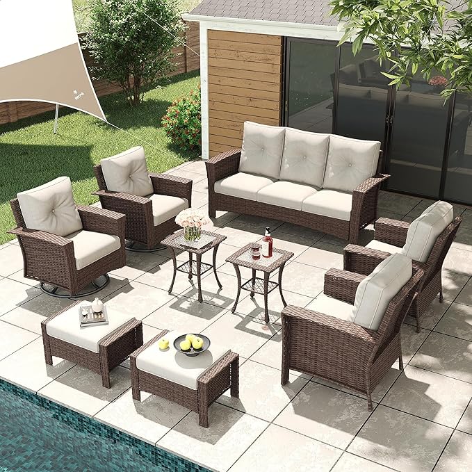 LayinSun 9 Piece Wicker Patio Furniture Set, Classis Outdoor Conversation 360 Degree Swivel Chairs Set with Coffee Table