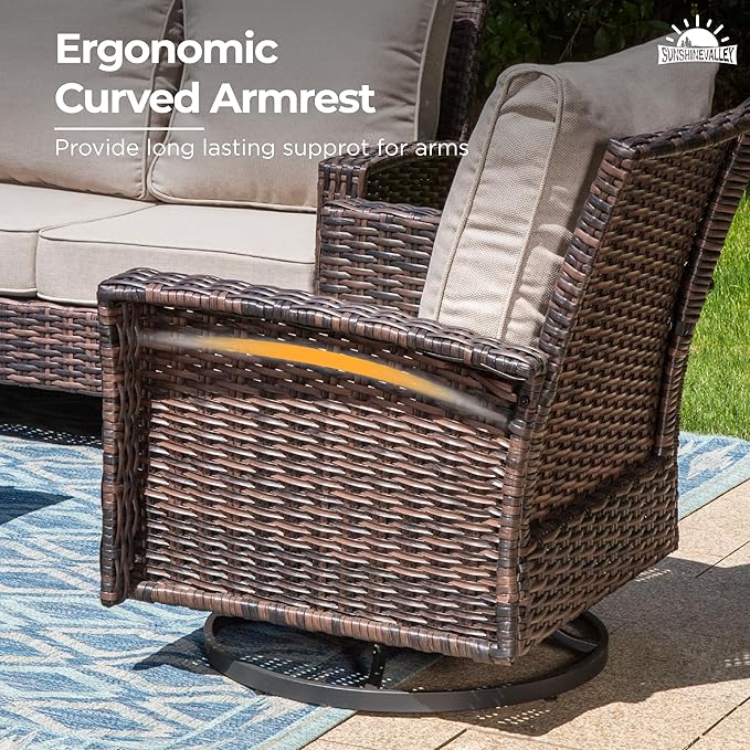 6 Pieces Patio Furniture Set with Swivel Chairs, High Back Wicker Rattan Sofa with Extra Thick Cushion and Coffee Table, Outdoor Conversation Set for Garden Backyard Deck,Beige