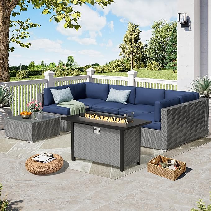 8 Pieces Outdoor Patio Furniture Set with 45” Propane Gas Firepit Table, Grey Wicker Patio Sectional Sofa Set, Outdoor Couch with Cushion and Tempered Glass Table, Dark Blue