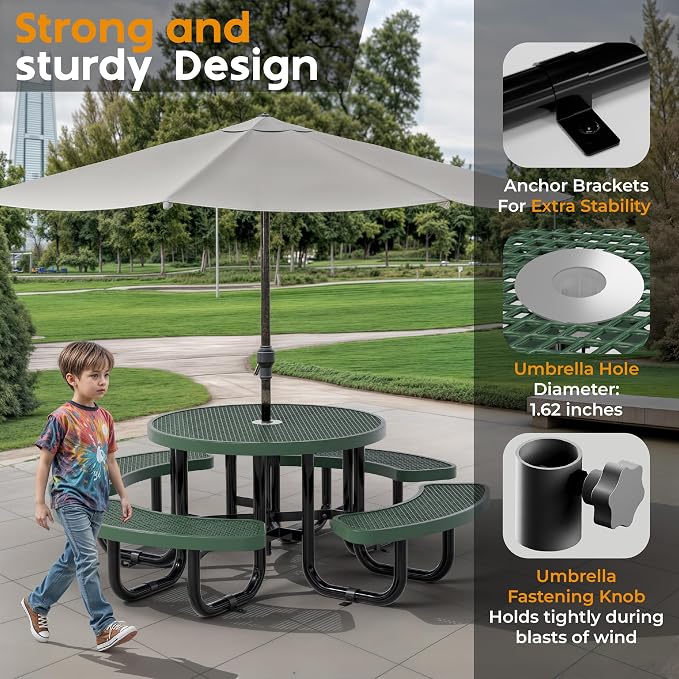 Round Metal Picnic Tables for Kids for Outdoors with Umbrella Hole, Adjustable Seats for School, Park, Playground (Green, 38 in, Kids, Expanded Steel)