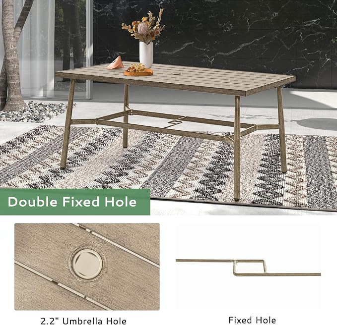 7-Piece Outdoor Dining Set for 6, Aluminum Dining Set with Cushions, 6 Dining Chairs with Rope Backrest, Large Rectangular Table with Umbrella Hole, Patio Dining Set for Lawn Porch Yard,Brown