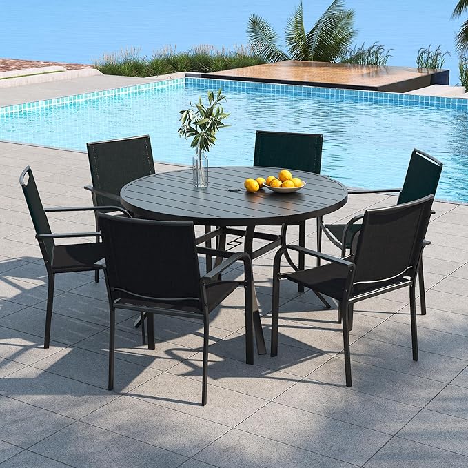 Anmutig 7-Piece Outdoor Dining Set, 48'' Round Table with 6 Stackable Chairs All Weather Furniture Set - Black