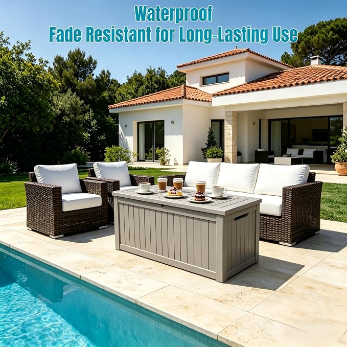 271 Gallon Large Resin Outdoor Storage Box, Waterproof Deck Box, Lockable Deck Container with Reinforced Support, Outdoor Chest for Patio Accessories, Outdoor Cushions, Garden Tools, Taupe Gray