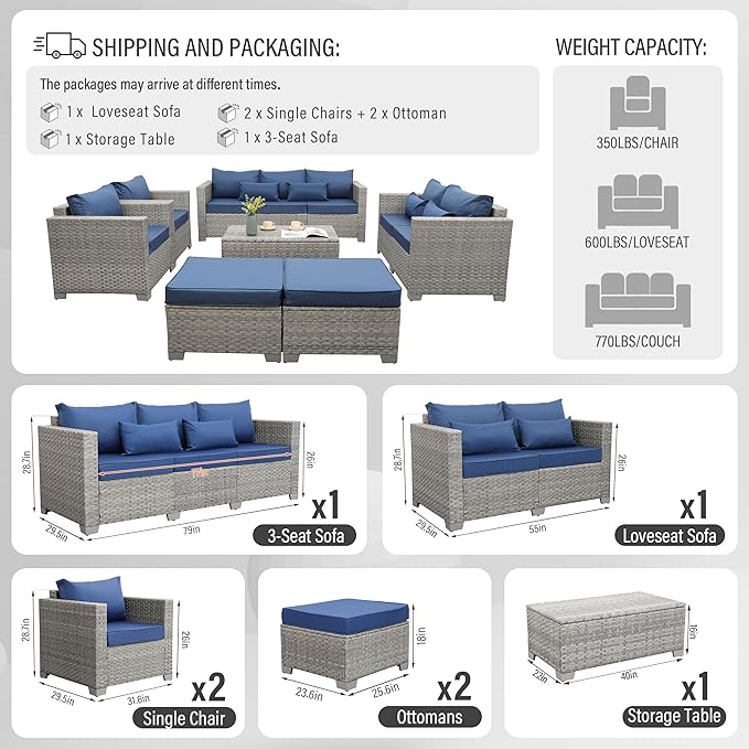 WAROOM Patio Furniture Set 7 Piece Grey Wicker Outdoor Conversation Sets PE Rattan Sectional Sofa with Storage Coffee Table and Anti-Slip Navy Blue Cushion