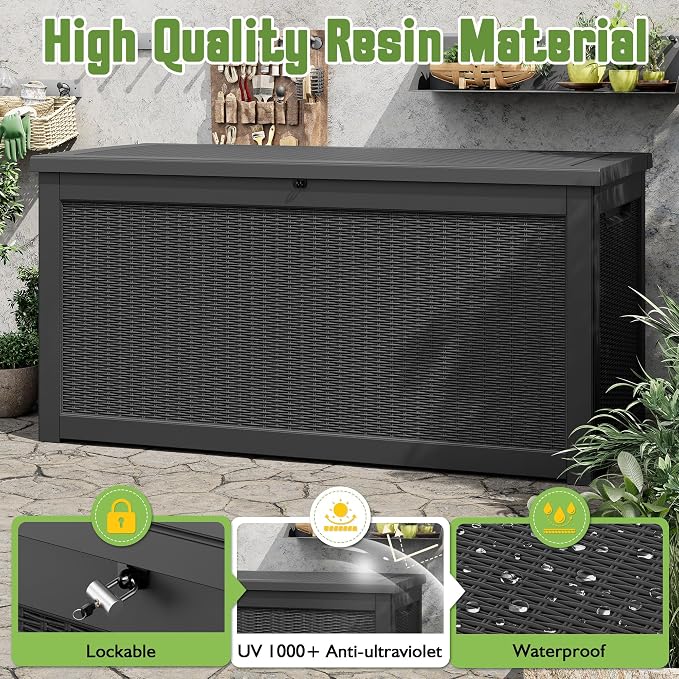 KAMABOKO 330 Gallon Outdoor Storage Box, Resin Large Deck Box Outdoor Waterproof Storage Bench with Lockable Lid for Patio Cushions, Garden Tools, Package Delivery, Pool Supplies, Black