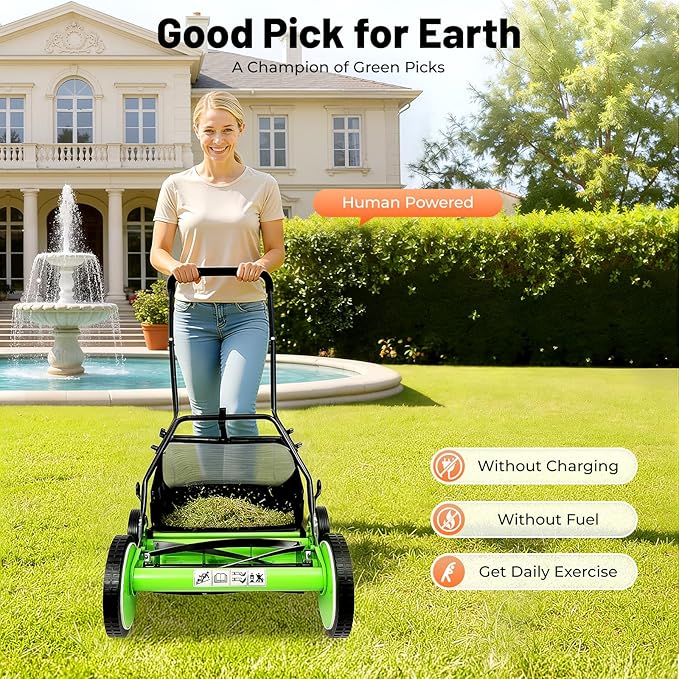 Push Reel Lawn Mower 16 inch, 5 Blades Manual Push Mower No Motor, 1.34-2.52in Adjustable Cutting Height, Walk-Behind Lawn Mowers with Grass Catcher Bag for Green Lawns, Driveways, Courtyards