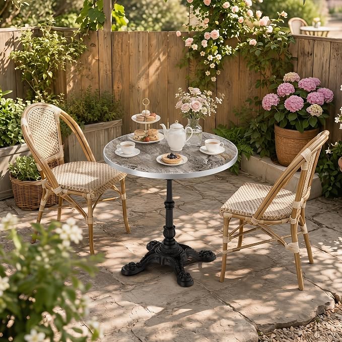 31.5" Outdoor Dining Table, Square Bistro Table w/Sintered Stone Tabletop | and Cast Iron Base, Weather Resistant Small Bistro Table for 2-4 for Outdoor Garden Café Use (Smoke Brown Marble)