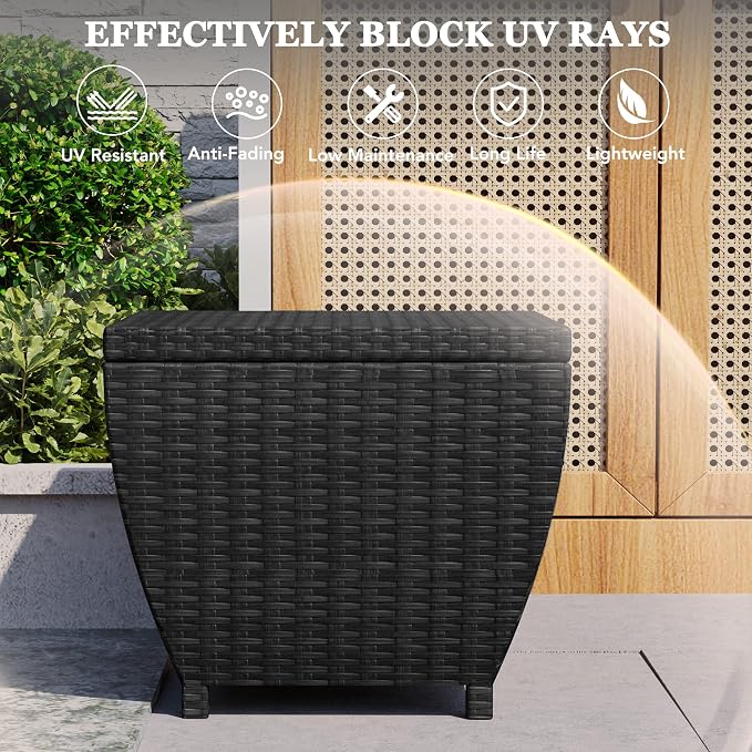 Outdoor Wicker Storage Box with Cover, 13 Gallon PE Rattan Deck Box for Outside with Waterproof Liner, Patio Storage Chest with Hinged Lid for Cushions, Pillows, Towels, Horizontal Bin, Black