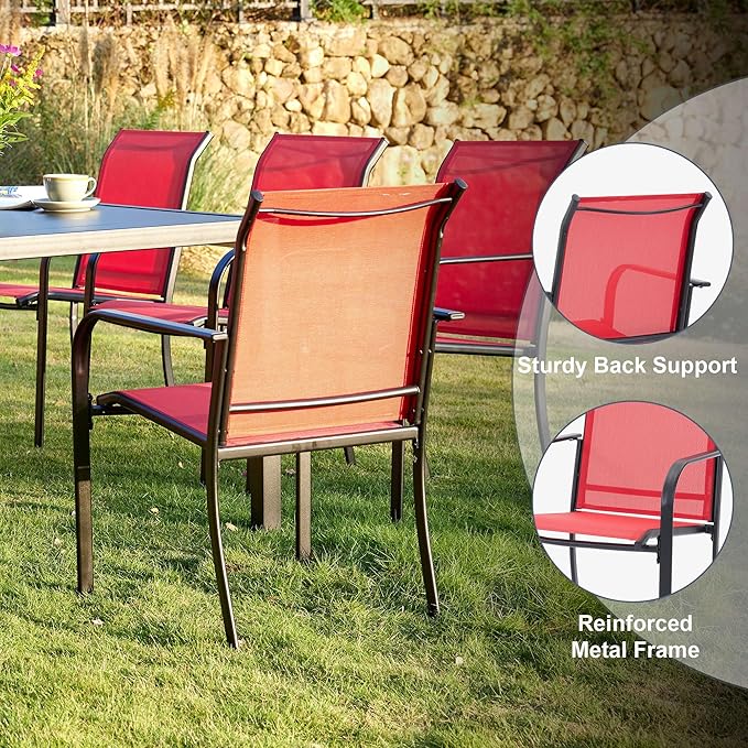 VICLLAX 7 Pieces Patio Outdoor Dining Set, 63" Outdoor Rectangular Metal Dining Table with Umbrella Hole and 6 Stackable Textilene Chairs for Lawn, Garden, Porch, Black/Red
