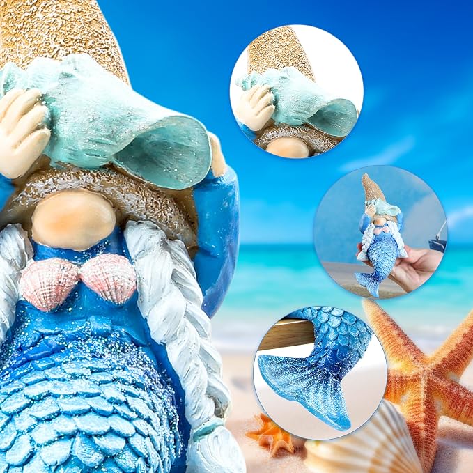 Mermaid Gnome Statue Garden Decor,Beach Gnomes Figurine for Outdoor Indoor | Garden Gnomes Outdoor Decor for Planter, Patio, or Yard ,7.8” Mermaid Gnomes Decor,Gnome Gifts Beach Decor for Home Bathroom