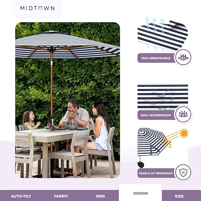 Midtown Umbrellas Wooden 2-8 Ft Patio Umbrella with 360° Swivel & Tilt Mechanism, 8 Fiberglass Ribs & Terylast Polyester Fabric for Deck, Pool, Garden & Porch - Navy Stripes Canopy, Wooden Pole