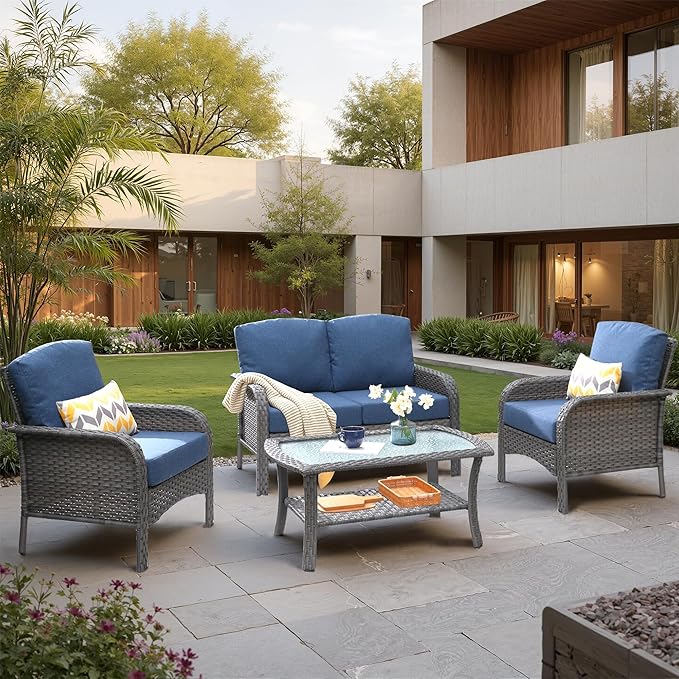 4 PCS Outdoor Patio Furniture Set with Glass Table, All-Weather Rattan Wicker Outdoor Conversation Set with Thickened Cushions for Balcony Backyard Garden Lawn,Blue