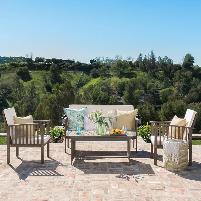 Merax Patio Furniture Set 4 Pieces Outdoor Acacia Wood Conversation Sets with Coffee Table & Cushions, Garden Conversation Bistro Sets for Pool or Backyard, Outdoor Furniture,Gray Cream