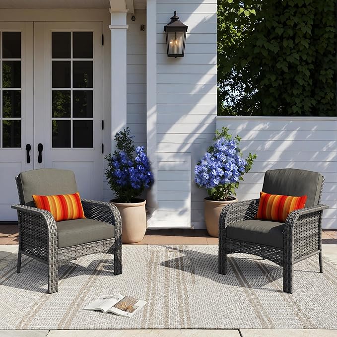 HOOOWOOO Patio Furniture Set,2 Pieces Outdoor Wicker Chairs Set,All Weather Bistro Chairs with Comfy High Back,Black