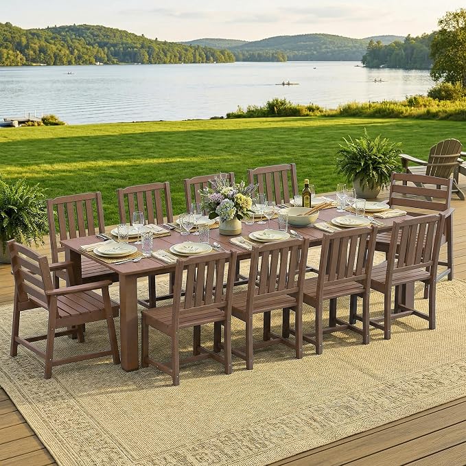 LOUNZY 11 Piece Patio Dining Set for 10, Outdoor Table and Chairs, Brown | 89.4“ table,Large family 10 person dining table set, eco-friendly HDPE, heat and moisture resistant for outdoor dining