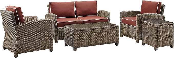 Crosley Furniture Bradenton 5-Piece Outdoor Loveseat Patio Furniture Set, Wicker Conversation Sets for Porch, Brown with Sangria Cushions
